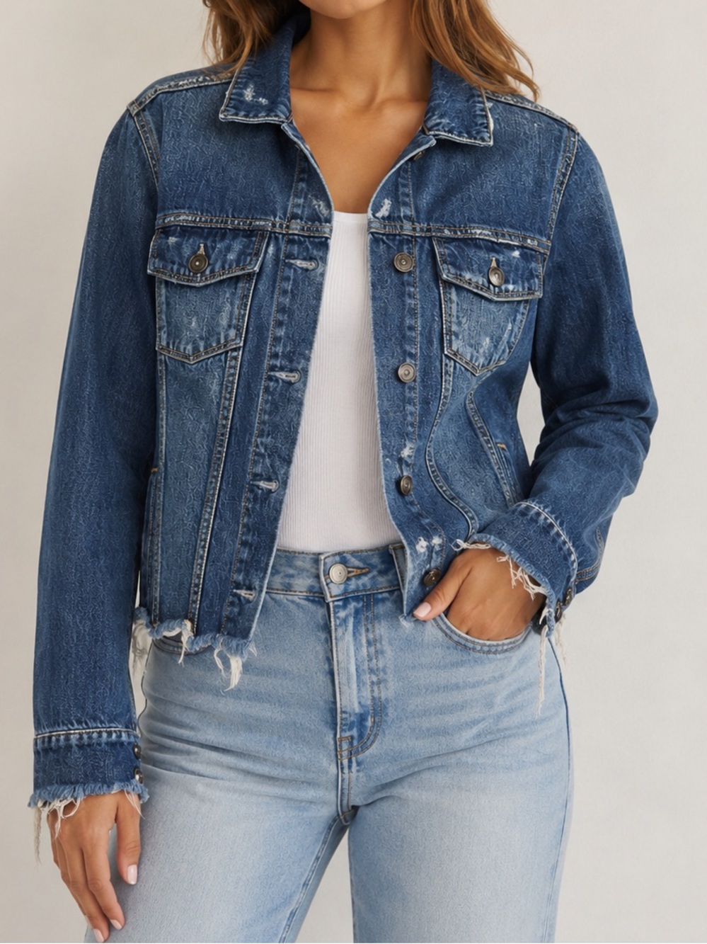 Paige Classic Denim Jean Jacket Dark Wash Distressed Small $225